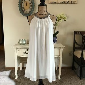 White open back chiffon dress with jeweled collar